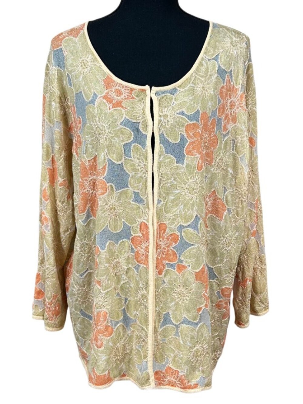 Sigrid Olsen Yellow Orange Embroidered Long Sleeve Sheer Sweater Size 2X